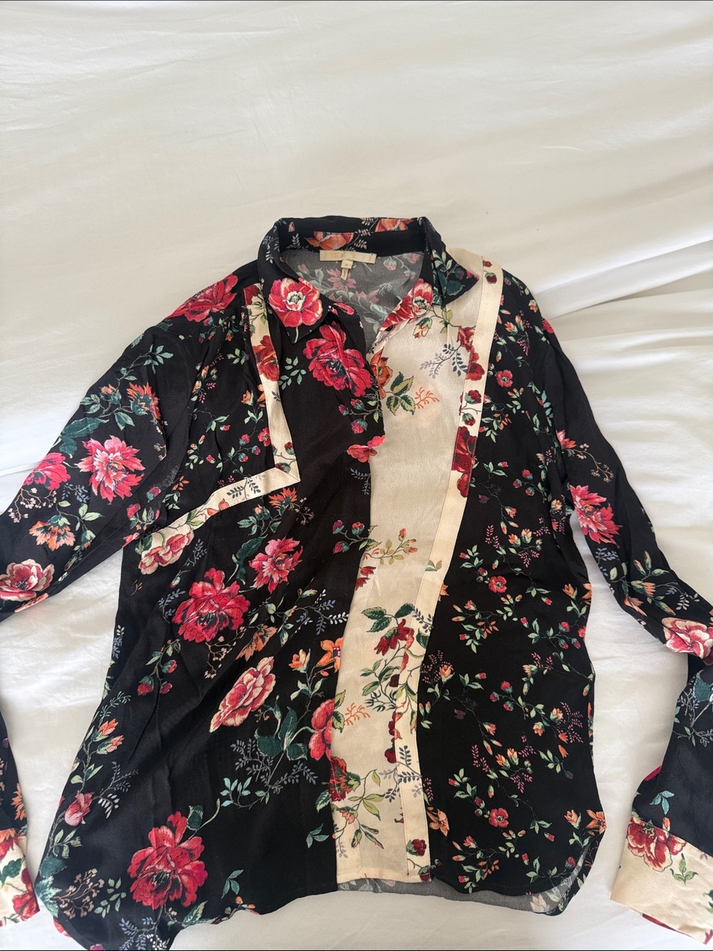 Black Floral Button-Up Shirt with Cream Trim